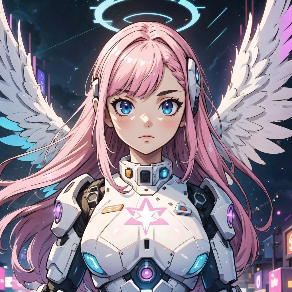 ((masterpiece, best quality, extremely detailed), volumetric lighting, ambient occlusion, colorful, glowing),

1girl, pink hair, long hair, halo, aura, sacred, godness, cyber suit, (white outfit:1.3), android, bot, angel wings, outdoors, night, sky, clouds, moon, stars, (cyberpunk theme), (Cyborg theme)
 
close up, upper body,
western, anime, comic,