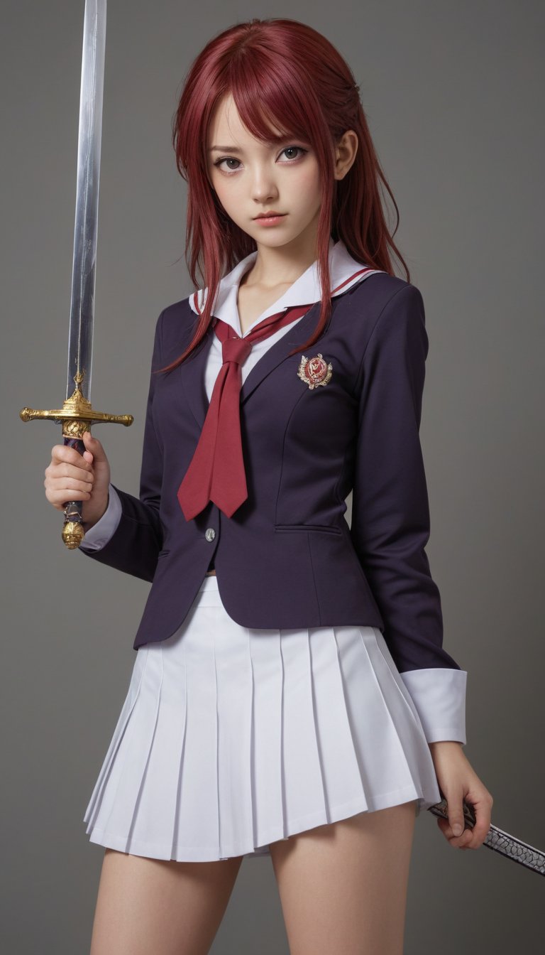 1girl, solo, nishikino maki, purple eyes, otonokizaka school uniform, holding sword, masterpiece, best quality, very aesthetic, absurdres, amazing quality, beautiful color,,more detail XL