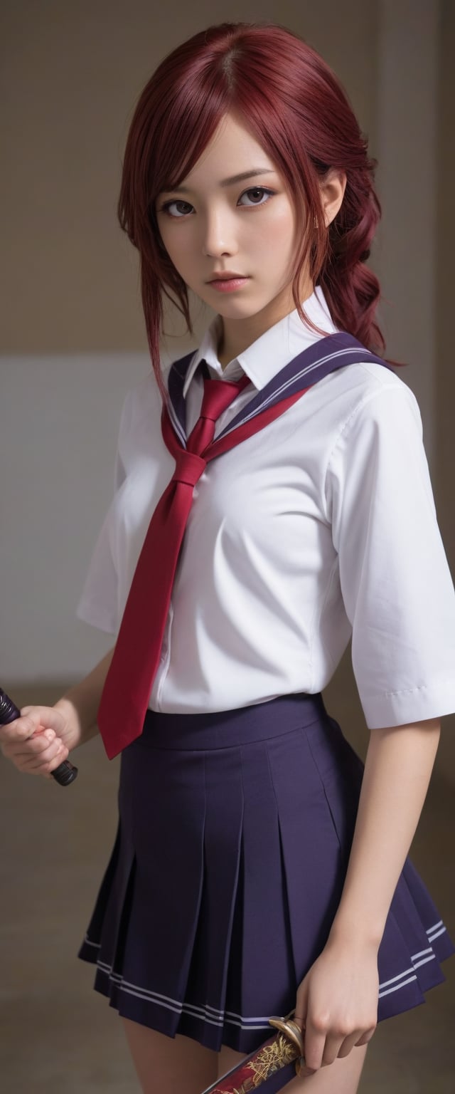 1girl, solo, nishikino maki, purple eyes, otonokizaka school uniform, holding sword, masterpiece, best quality, very aesthetic, absurdres, amazing quality, beautiful color,,more detail XL