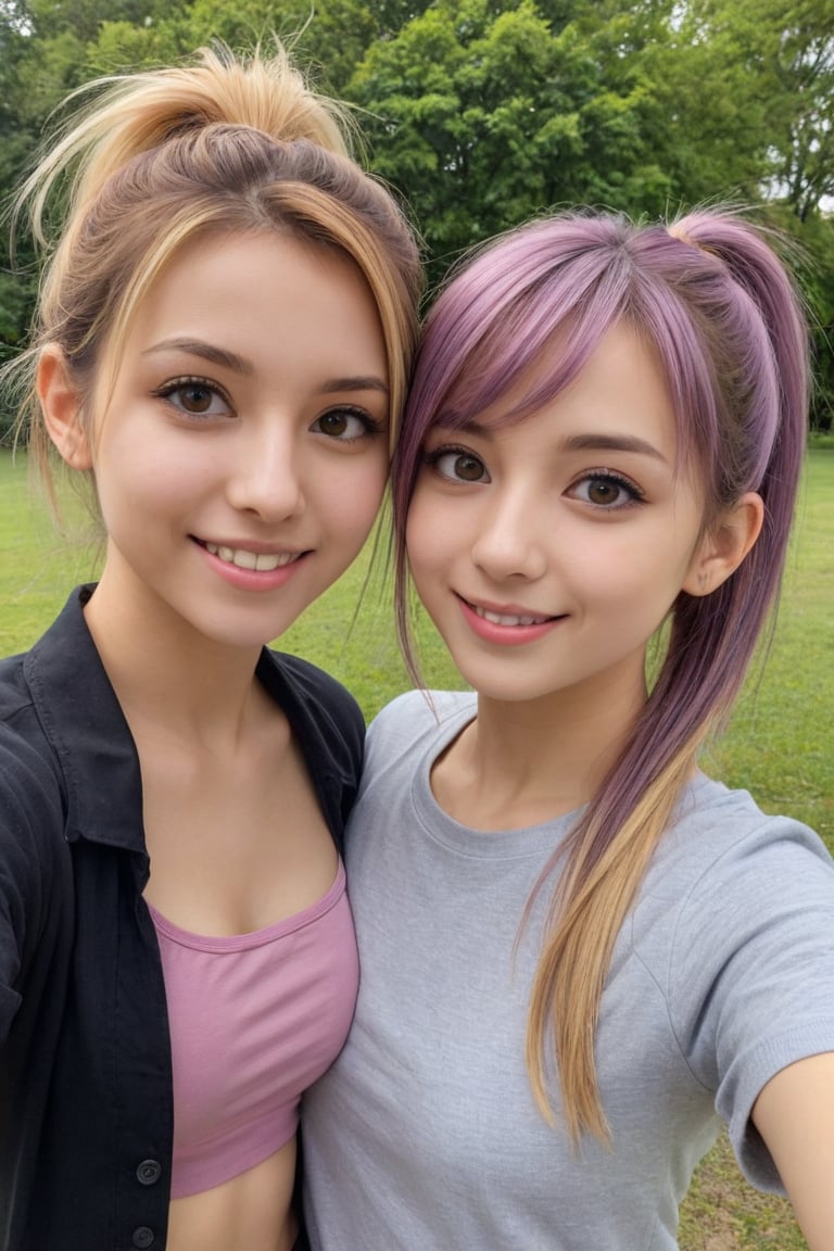 2girls, rika, Two-Tone Hair, multicolored hair, medium hair, blonde hair, brown hair, purple eyes, ponytail, juri, long hair, brown hair, one_side_up, brown eyes, serafuku, outdoors, park, looking at viewer, selfie, smile,more detail XL