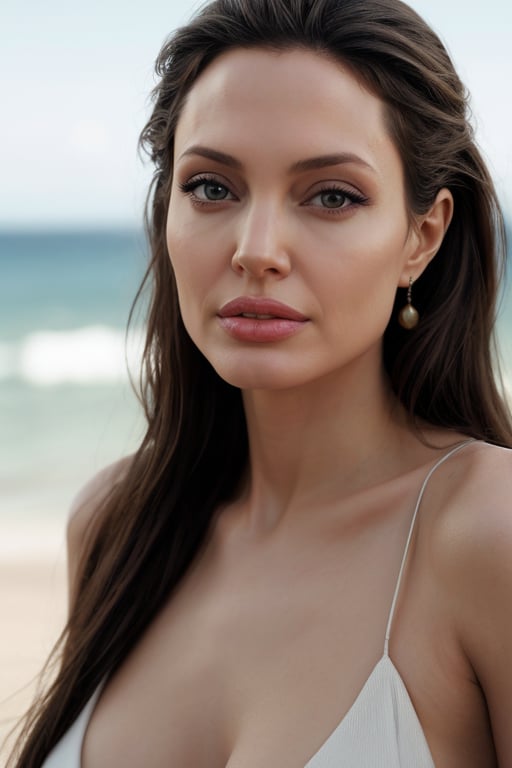 hyperrealistic photo of Angelina Jolie, showing only from the waist up, with focus on the details of her face and neck. The lighting is soft and natural, enhancing the beauty and texture of her skin in an ultra-realistic way. The makeup is flawless, enhancing her features and making the actress even more radiant. The image has a cinematic style, with focus on Angelina Jolie's natural beauty, like a high-quality magazine photograph, with 8K resolution, sharp details, realistic textures, and vivid colors. 