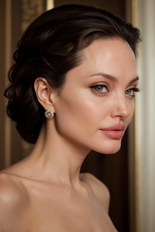 hyperrealistic photo of Angelina Jolie wearing a black gala dress, with an elegant cut and lace details, at a gala event. She is wearing a diamond necklace and earrings, which enhance the beauty of her features. The lighting is soft and golden, creating a luxurious and sophisticated atmosphere. The image has a glamorous and sophisticated style, with focus on Angelina Jolie's beauty and elegance. The image has 8K resolution, sharp details, realistic textures, and vivid colors.