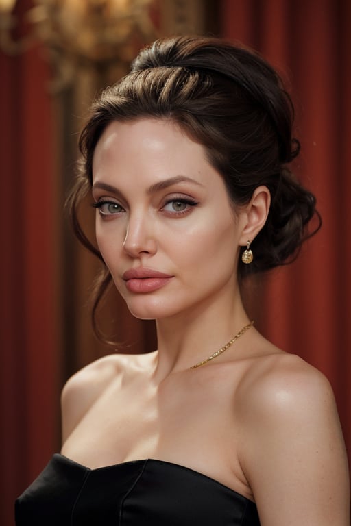 hyperrealistic photo of Angelina Jolie, showing only from the waist up, with focus on the details of her face and neck. The lighting is soft and natural, enhancing the beauty and texture of her skin in an ultra-realistic way. The makeup is flawless, enhancing her features and making the actress even more radiant. The image has a cinematic style, with focus on Angelina Jolie's natural beauty, like a high-quality magazine photograph, with 8K resolution, sharp details, realistic textures, and vivid colors. 