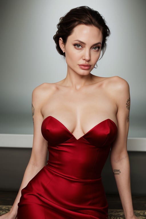 hyperrealistic photo of Angelina Jolie in a fashion photoshoot, wearing a red silk dress with a daring cut. She is in an elegant and sensual pose, with a touch of mystery in her eyes. The lighting is dramatic and modern, highlighting the curves of her body and the details of the dress. The image has a fashion and luxurious style, with focus on Angelina Jolie's beauty and style. The image has 8K resolution, sharp details, realistic textures, and vivid colors. 