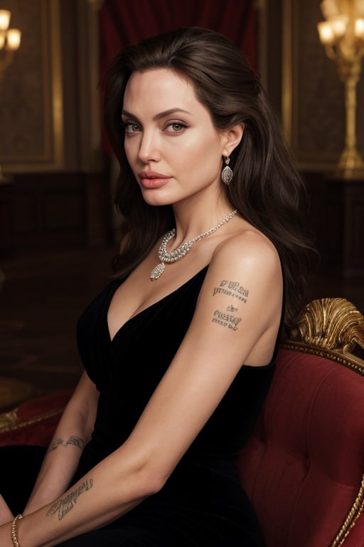 hyperrealistic photo of Angelina Jolie in a classic portrait, wearing a black velvet dress and a pearl necklace. She is sitting in a red velvet chair, with a thoughtful and enigmatic expression. The dramatic lighting highlights the beauty of her features, creating a play of shadows and lights, with a cinematic effect. The image has a classic and timeless style, with focus on Angelina Jolie's beauty and elegance, with 8K resolution, sharp details, realistic textures, and vivid colors.