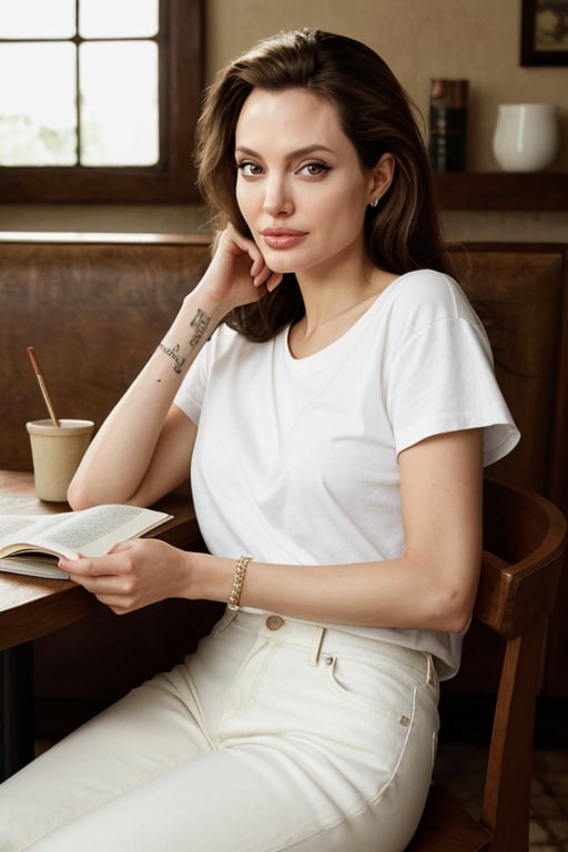 hyperrealistic photo of Angelina Jolie in a casual and cozy setting, wearing a white cotton t-shirt and faded jeans. She is in a charming cafe, reading a book, with a light and relaxed smile. The natural and soft lighting highlights the details of the environment and clothing, creating a cozy atmosphere. The image has a cinematic style, with focus on Angelina Jolie's natural beauty, conveying a sense of peace and tranquility. The image has 8K resolution, sharp details, realistic textures, and vivid colors.