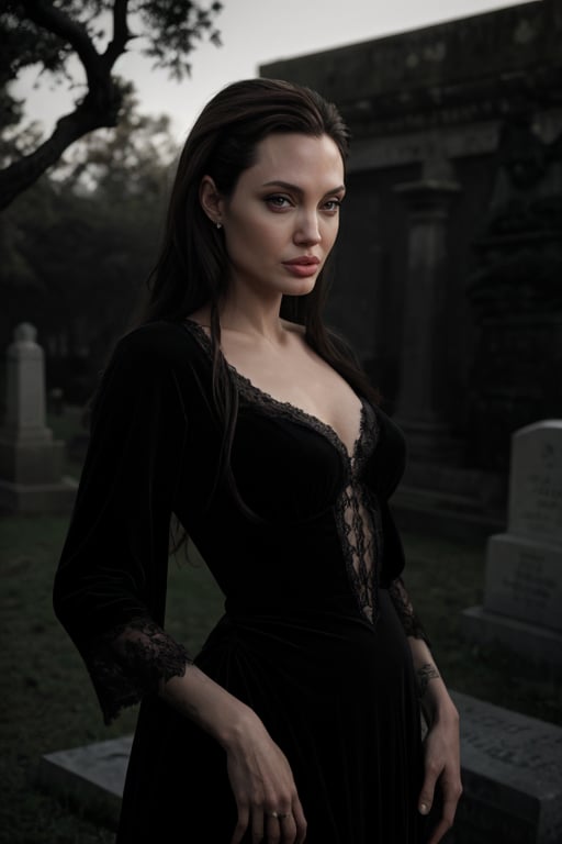 hyperrealistic photo of Angelina Jolie in an ancient cemetery, wearing a long black lace dress with lace and velvet details. She is among stone tombstones, with a mysterious and melancholic gaze. The moonlight illuminates the scene, creating a dark and intriguing effect. The image has a gothic style, with focus on Angelina Jolie's dark beauty and the mystical atmosphere of the cemetery. The image has 8K resolution, sharp details, realistic textures, and vivid colors.