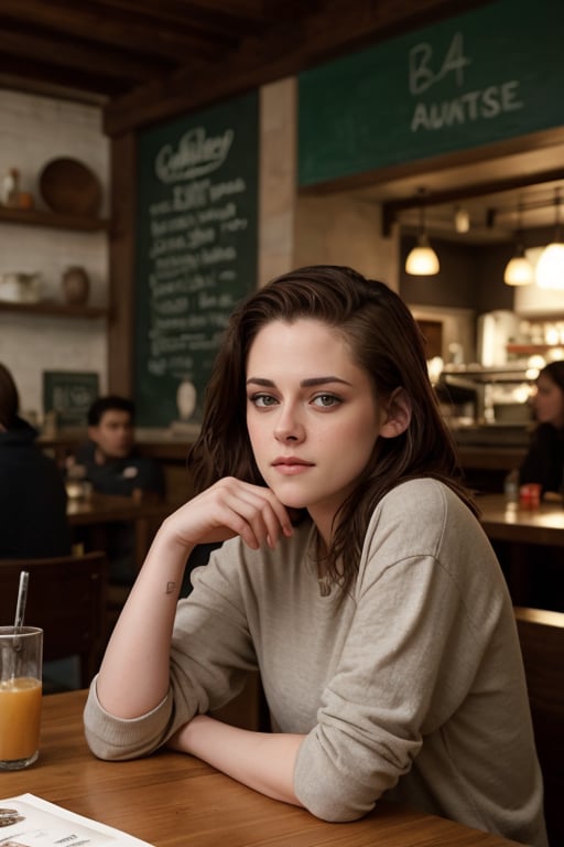 hyperrealistic photo of Kristen Stewart in a casual setting, like a cafe, wearing simple yet elegant clothes. She looks relaxed and charming, with a natural expression and a touch of style. The image has a cinematic quality, with vibrant colors and natural lighting, creating a cozy atmosphere.