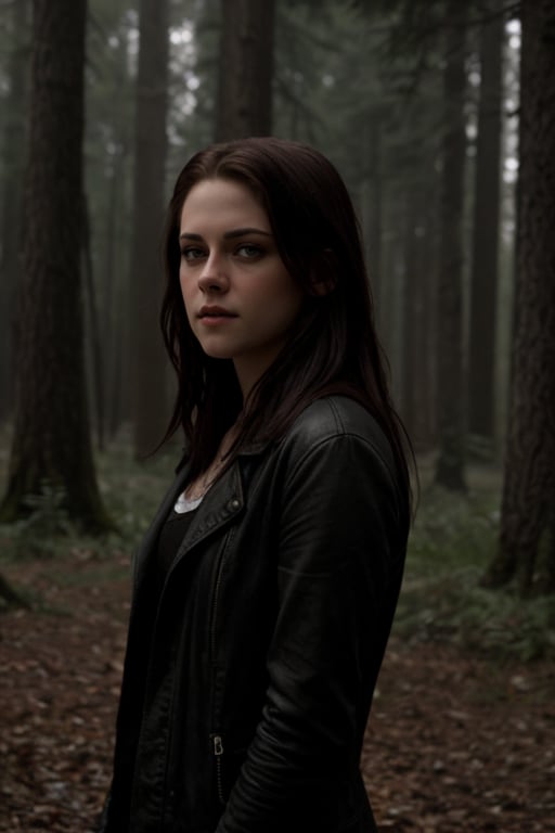 hyperrealistic scene of Kristen Stewart as Bella Swan, from the movie "Twilight", in a dramatic and tense moment of the saga. She is dressed in dark clothes, with an expression of fear and tension on her face. The scene takes place in a dark forest, with an atmosphere of mystery and danger. The image has a cinematic quality, with a dark aesthetic and realistic details.