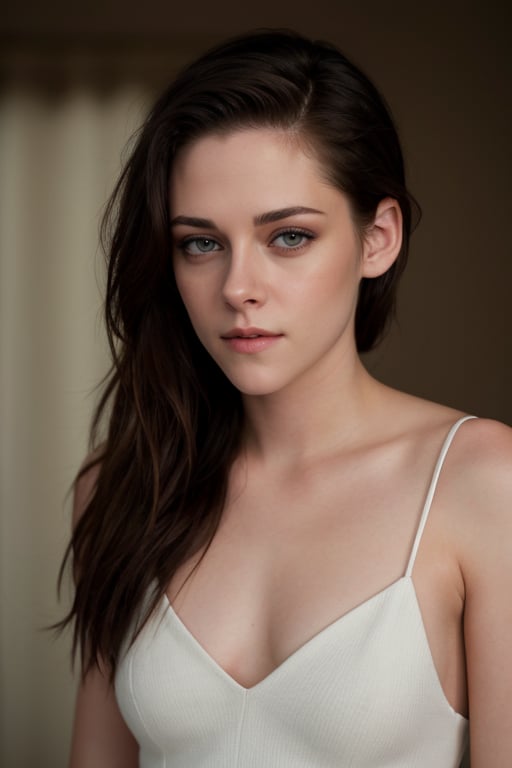 hyperrealistic photo of Kristen Stewart, only from the waist up, focusing on the details of her face. Her skin looks flawless, with impeccable makeup, highlighting her eyes and lips. The lighting is soft and natural, enhancing the nuances of her skin. The image has impeccable quality, like a professional photograph. 