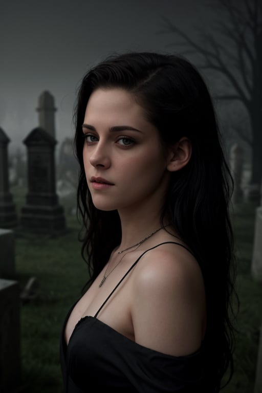 hyperrealistic image of Kristen Stewart in a gothic scene, with a touch of mystery and elegance. She is wearing a long black dress and dark makeup. She is in a cemetery, surrounded by tombstones, or in a stone setting with a thick fog. The image has a cinematic quality, with a dark aesthetic and realistic details.