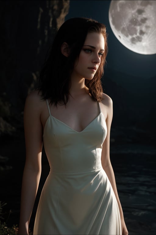 hyperrealistic image of Kristen Stewart in a mysterious and mystical setting. She is wearing a long, flowing dress, and her eyes shine in the dim light. The lighting is intriguing, with reflections of the moon or sun creating a magical effect. The image has a cinematic quality, with a surreal aesthetic and realistic details. 