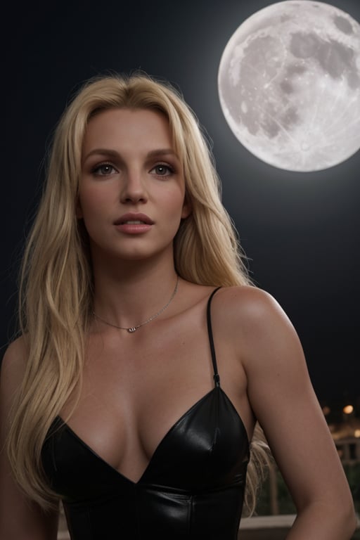 hyperrealistic image of Britney Spears in a mysterious and intriguing setting, illuminated by the reflection of the moon. Her blonde hair is loose and shines under the moonlight, creating a magical and strange effect. The image should have an atmosphere of mystery and mysterious beauty.