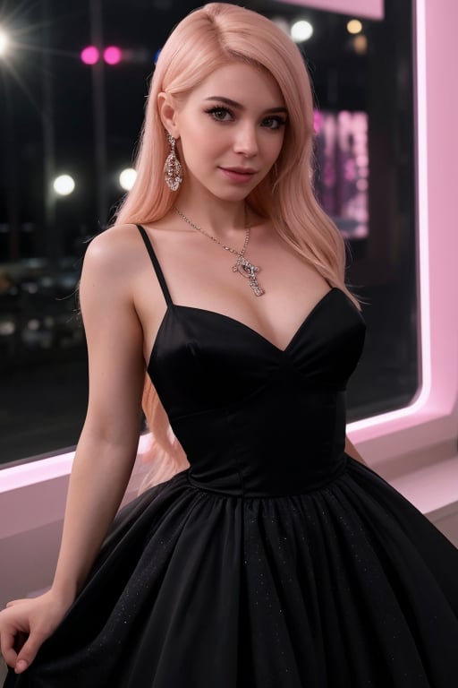 hyperrealistic photo of Belle Delphine at a night party, wearing a black gala dress, with a diamond necklace and earrings. The lighting is dramatic and glamorous, with neon lights and reflections in her dress. The image should have a cinematic style, capturing the atmosphere of a luxurious party. The focus is on Belle's beauty, the black dress, the sparkling accessories, and the quality of the image.