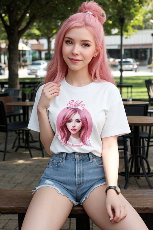 hyperrealistic photo of Belle Delphine in a casual setting, like a cafe or a park, wearing simple clothes, like jeans, a t-shirt, and sneakers. The image should have a natural and relaxed style, with natural lighting and a calm atmosphere. The focus is on Belle's natural beauty and her relaxed expression. 