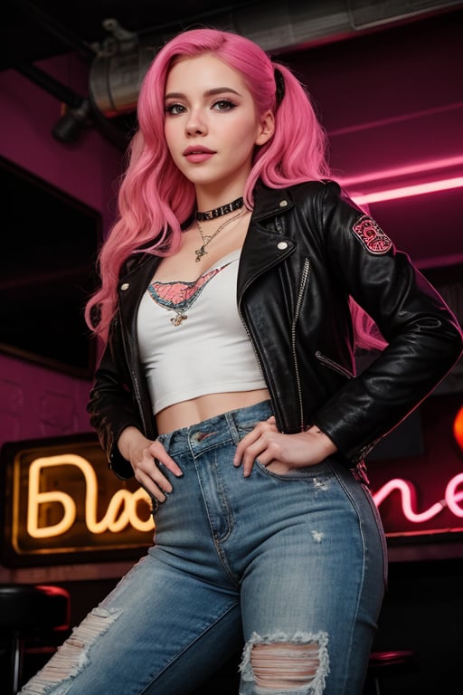 hyperrealistic photo of Belle Delphine in a rock and roll style bar, wearing a black leather jacket, ripped jeans, and a decollete mini-blouse. The lighting is strong and colorful, with neon lights and smoke. Belle has a rebellious and cool expression, with a microphone in hand as if she were singing on stage. The focus is on Belle's beauty, the clothes, the environment, and the energy of rock music. 