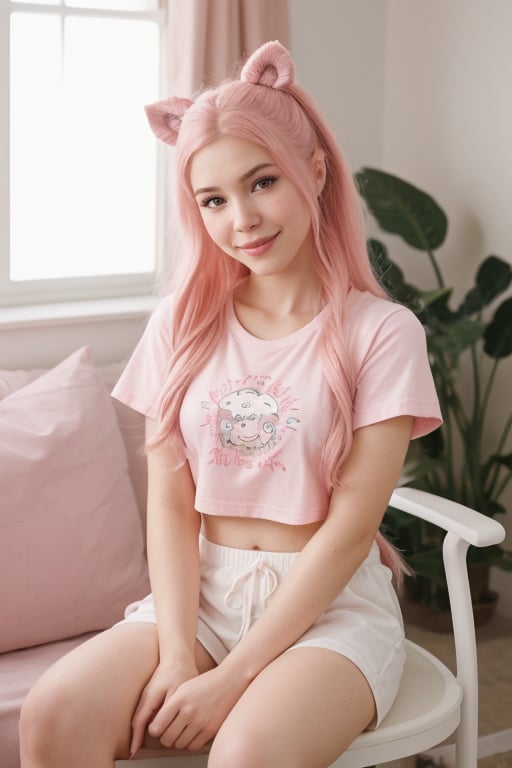 hyperrealistic photo of Belle Delphine sitting on a chair in front of a computer, making a video for YouTube. She is wearing comfortable and cute clothes, like a pink t-shirt and white pajamas. Her hair is loose and in a cute hairstyle. She is smiling for the camera and seems to be having a lot of fun recording the video. The environment is simple and cozy, with a room illuminated by soft white light. The image should have a cinematic style, with focus on Belle's beauty and her cute and laid-back personality. 