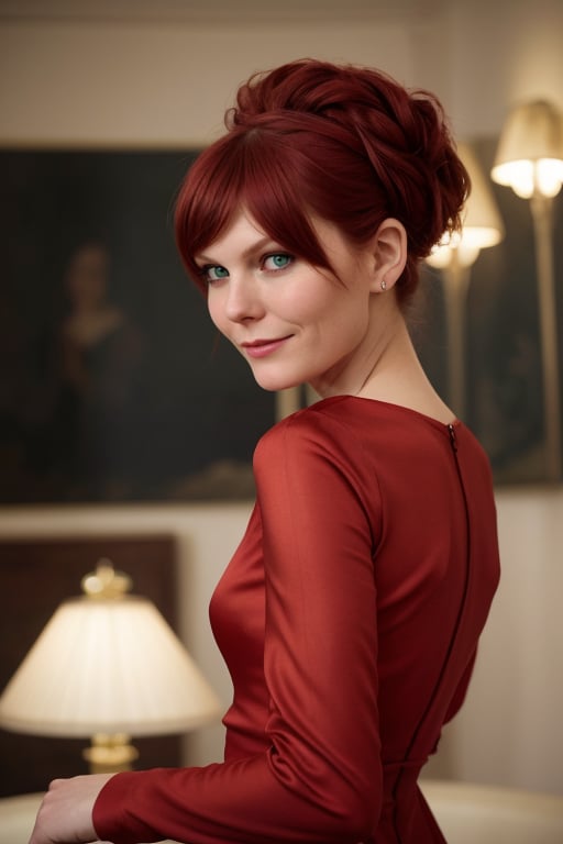 photo of Kirsten Dunst in a fashion photoshoot, wearing a haute couture red silk dress, with her hair in an elegant hairstyle. She displays a radiant smile, with a confident gaze, in a sophisticated and modern environment, with bright lights and vibrant colors. The image has extremely high resolution, with impeccable detail and realistic texture, resembling a fashion magazine cover photograph.