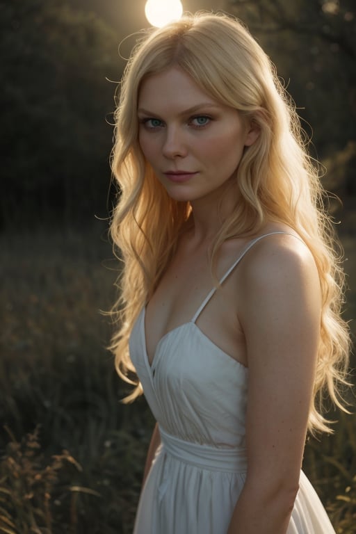 photo of Kirsten Dunst in a magical and mysterious environment, wearing a long white dress. She is illuminated by the intense and golden light of the full moon, which creates a magical halo around her. Her blonde hair is loose and wavy, and her expression is serene and contemplative. The image has a surreal style, with tones of blue and gold, and a focus on the moonlight.