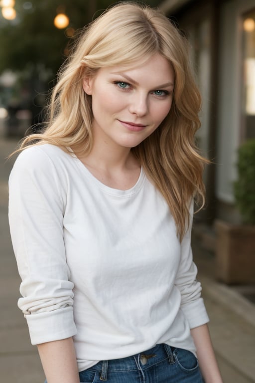 hyperrealistic photo of Kirsten Dunst in a casual setting, wearing light wash jeans, a white cotton t-shirt, and a brown leather jacket. Her hair is loose and wavy, and she is smiling slightly at the camera. The image is extremely realistic, with impeccable detail, vibrant colors, and natural lighting, resembling a magazine photograph.