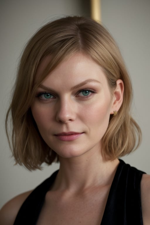 hyperrealistic photo of Kirsten Dunst, from the waist up, focusing on her face. She is in an elegant setting, wearing a black velvet dress with a chic neckline, with flawless makeup that enhances her delicate features. Soft natural light falls on her face, creating a cinematic lighting effect. The image has impeccable resolution, vibrant colors, and a realistic texture, resembling a high-quality professional photograph.