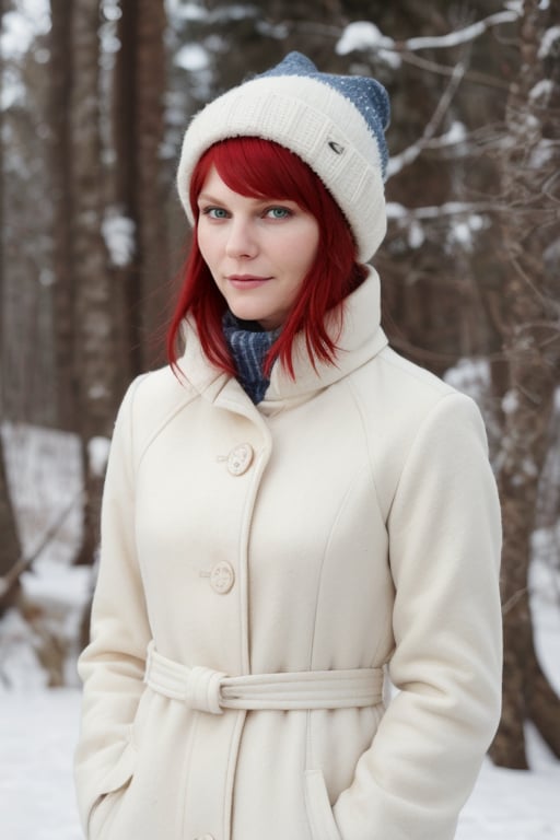 photo of Kirsten Dunst in a winter setting, wearing a white wool coat and a felt hat. She is in a snow-covered forest, with a contemplative gaze and a slight smile, with her red hair blowing in the wind. The image has a romantic and natural style, with shades of white and blue, and a focus on the beauty of winter.