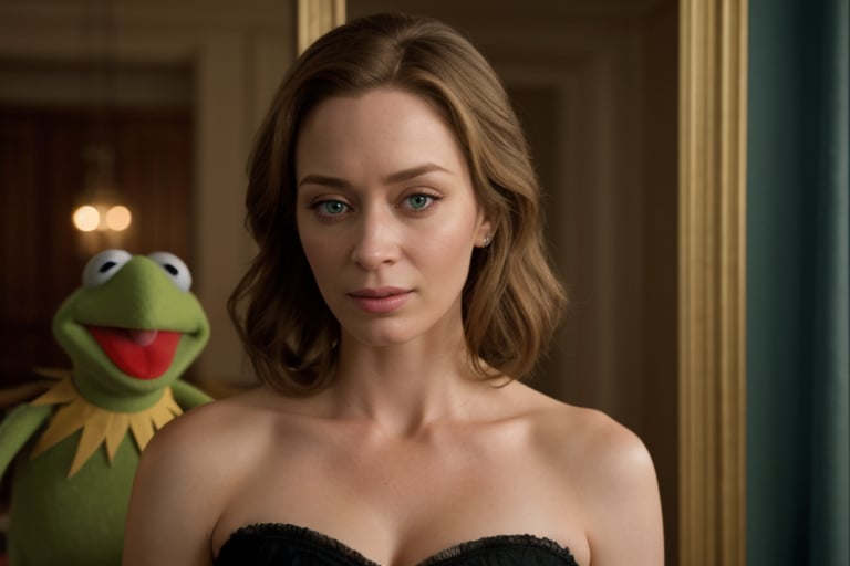 hyperrealistic image of Emily Blunt, acting in the film "The Muppets"