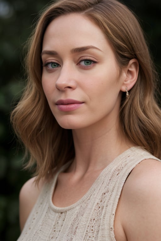 hyperrealistic portrait of Emily Blunt, from the waist up, with focus on her natural beauty and flawless makeup. The lighting is soft and natural, highlighting the details of her skin and makeup. The image should have vibrant and realistic colors, with a cinematic style and an exceptional level of detail. The makeup should be perfect, with realistic shading and texture.