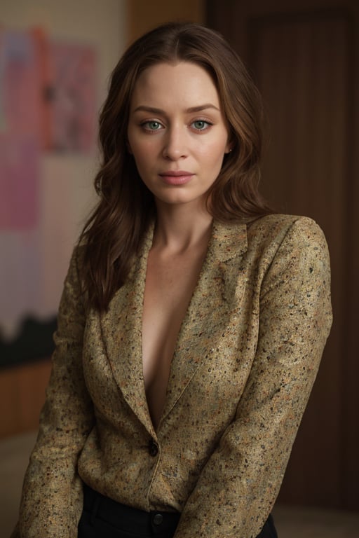 hyperrealistic photo of Emily Blunt in a fashion photoshoot, with a bold and stylized look. The lighting is professional and creative, highlighting the textures of the fabrics and the details of the clothing. The focus is on Emily Blunt's pose and the high fashion look. The image should have vibrant and realistic colors, with an exceptional level of detail, similar to a fashion magazine photo.