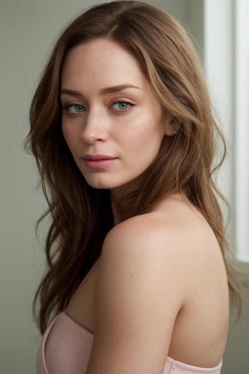 hyperrealistic photo of Emily Blunt in a beauty photoshoot, with focus on her eyes, lips, and perfect skin. The lighting is soft and natural, highlighting the details of her makeup and expression. The focus is on Emily Blunt's natural beauty and impeccable makeup. The image should have vibrant and realistic colors, with an exceptional level of detail, similar to a fashion magazine photograph.