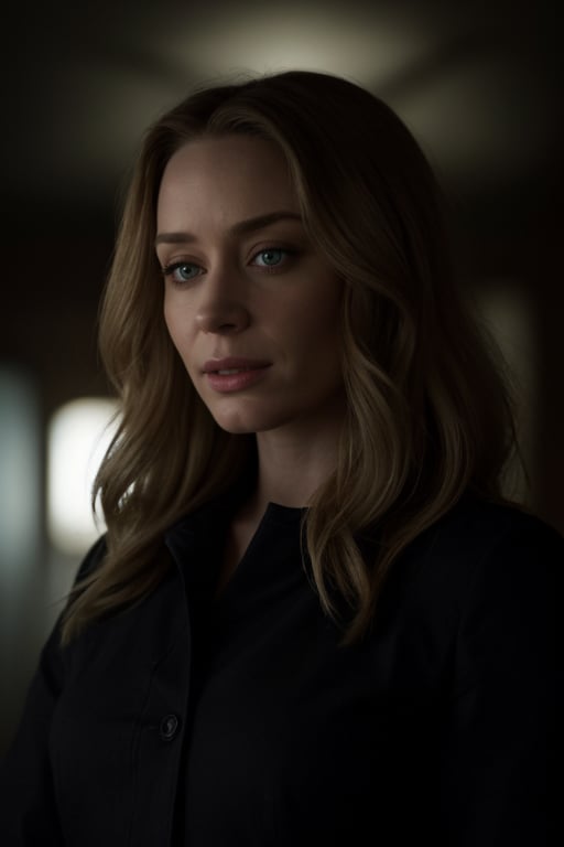 hyperrealistic image of Emily Blunt in a scene full of suspense and mystery. Her blonde hairs is looses. She is dressed in dark clothes and is in a dark setting, with a tense atmosphere. The lighting is low, with long and mysterious shadows. The focus is on her expression of fear and intrigue, creating a sense of uncertainty. The image should have dark and realistic colors, with an exceptional level of detail, similar to a scene from a suspense movie.