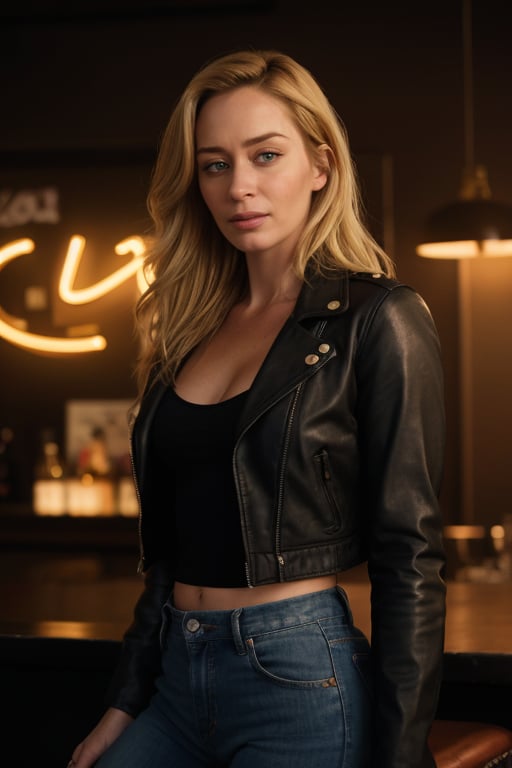 hyperrealistic image of Emily Blunt in a rock and roll bar, her blonde hair is loose, wearing a black leather jacket, ripped jeans, and a low-cut mini-blouse. The lighting is dramatic, with neon lights and cigarette smoke. The focus is on Emily Blunt's rock look, with realistic texture of the jacket, ripped jeans, and the mini-blouse. Emily Blunt's expression is rebellious and intentional. The image should have vibrant and realistic colors, with an exceptional level of detail, similar to a photograph from a rock concert.