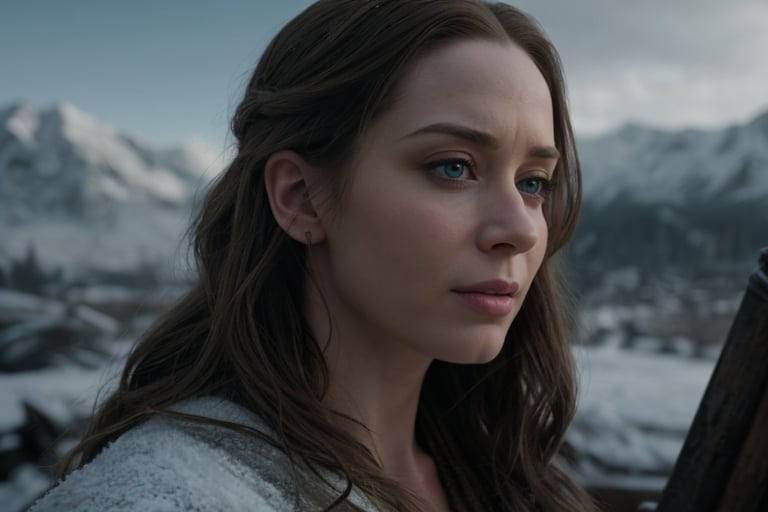 hyperrealistic image of Emily Blunt, acting in the film "The Huntsman: Winter's War"