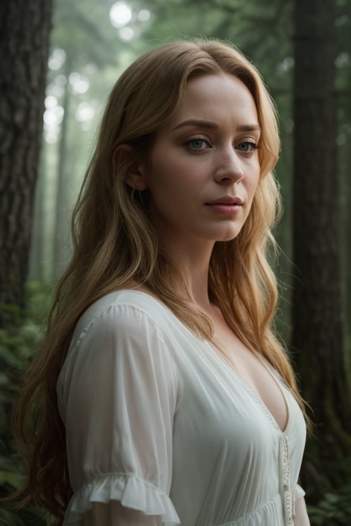 hyperrealistic image of Emily Blunt in a mysterious setting, with intriguing moonlight reflection. Her blonde hair is loose.. She is wearing a long white dress and is in a forest with tall trees and deep shadows. The moonlight creates magical reflections on her face and the details of the dress. The focus is on Emily Blunt's expression, which seems to be in a mystical trance. The image should have dark and realistic colors, with an exceptional level of detail, similar to a photograph of a scene from a fantasy movie.