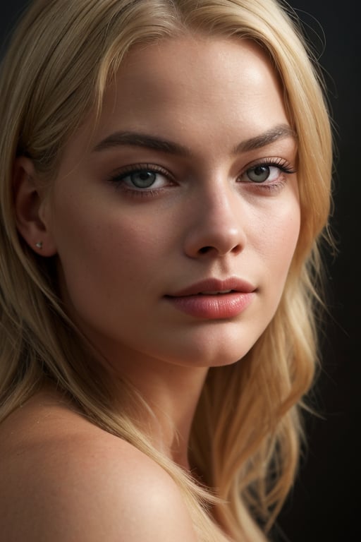 A classic portrait of Margot Robbie, with focus on her blonde hair and blue eyes. Dramatic lighting enhancing the shadows and contours of her face. Perfect skin texture, with realistic details of pores and shadows. The image should have an atmosphere of timeless elegance.