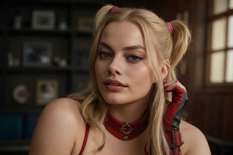 A hyperrealistic photo of Margot Robbie as Harley Quinn in an iconic scene from the movie "Birds of Prey", with Harley Quinn's look in "Birds of Prey" and with focus on her crazy and rebellious personality.