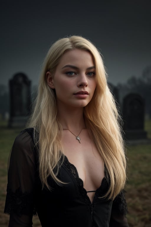 A hyperrealistic photo of blonde Margot Robbie in a gothic setting, wearing a long, flowing black dress, with lace and velvet details. She is in an old cemetery, with an eerie fog in the background. The lighting is dim and dark, creating a mystical and enigmatic atmosphere. The focus is on her blonde hair and her intense expression, revealing a touch of mystery and dark beauty.