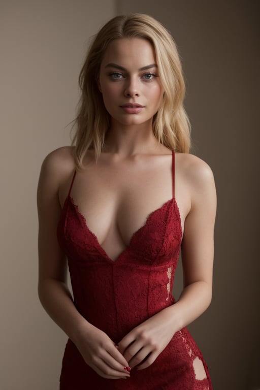 A hyperrealistic photo of Margot Robbie in a fashion photo shoot, wearing a red haute couture dress, with a daring neckline and lace details. She is in an elegant and confident pose, with an enigmatic smile. Dramatic lighting enhancing the shadows and contours of her body. The image should have an atmosphere of glamour and sophistication.