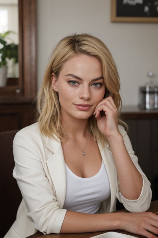 hyperrealistic photo of Margot Robbie on a casual occasion, wearing light-wash jeans, a white cotton t-shirt, and a beige blazer. She is sitting in a charming cafe, with a cup of coffee in her hand, smiling slightly at the camera. The lighting is soft and warm, creating a cozy atmosphere. The focus is on her natural beauty and her casual and elegant style.