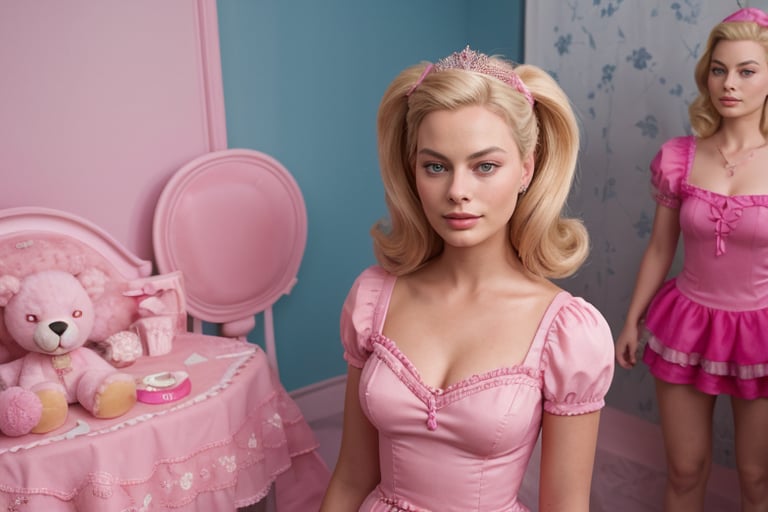 A hyperrealistic photo of Margot Robbie as Barbie in an iconic scene from the movie "Barbie", with the iconic pink dress and in a pink setting, with a focus on beauty and fantasy.