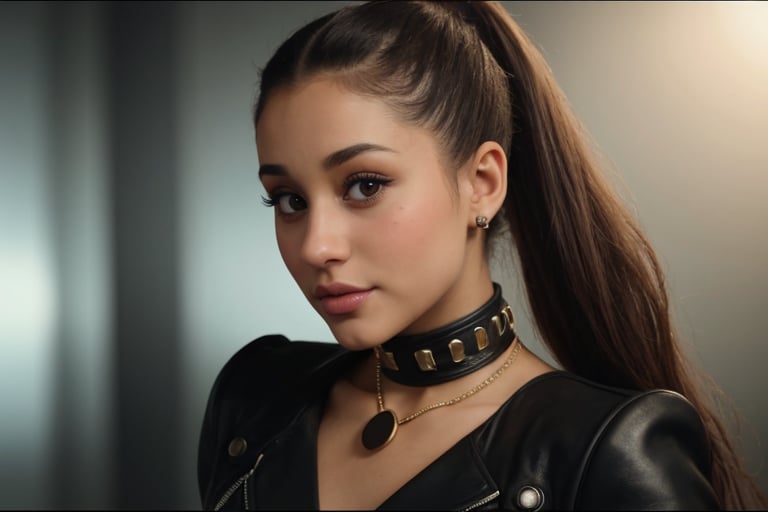 A hyperrealistic photo of Ariana Grande in a scene from the "Break Free" music video, with her hair in a high ponytail and a daring look. She has a strong and confident expression, wearing a leather outfit with a metal necklace. The lighting is intense and dramatic, with focus on her beauty and the energy of the video. The image should have a cinematic style, with as much realism as possible, capturing the essence of the original scene from the music video. 