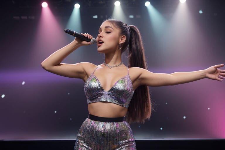 hyperrealistic photo of Ariana Grande on a lit stage, wearing a sparkling outfit with holographic details and high heels. Her hair is in a high ponytail, and she is singing with passion, transmitting energy to the audience. The stage lighting creates dramatic shadows and highlights her features. The image should have a cinematic style, capturing the vibrant atmosphere of a live performance. 