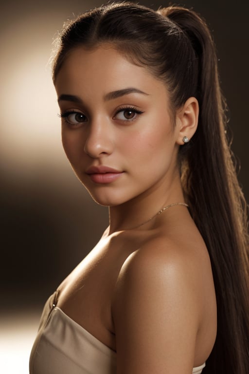 A classic portrait of Ariana Grande, with focus on her high ponytail and brown eyes. Dramatic lighting enhancing the shadows and contours of her face. Perfect skin texture, with realistic details of pores and shadows. The image should have an atmosphere of timeless elegance.