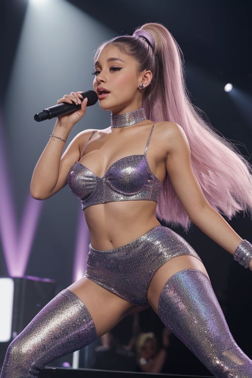 hyperrealistic photo of Ariana Grande on a lit stage, wearing a sparkling outfit with holographic details and high heels. Her hair is in a high ponytail, and she is singing with passion, transmitting energy to the audience. The stage lighting creates dramatic shadows and highlights her features. The image should have a cinematic style, capturing the vibrant atmosphere of a live performance. 