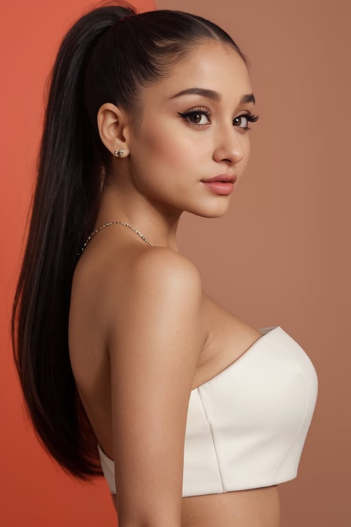 hyperrealistic photo of Ariana Grande, from the waist up, showcasing her high ponytail and flawless makeup, with a bold eyeliner and red lipstick. Soft and natural lighting enhancing the shadows and contours of her face. Perfect skin texture, with realistic details of pores and makeup.