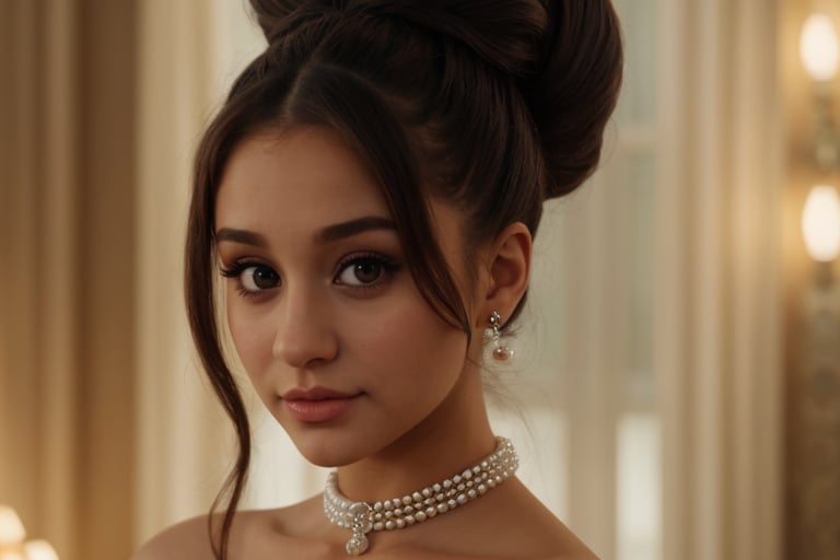 A hyperrealistic photo of Ariana Grande in a scene from the "Thank U, Next" music video, with her hair in a high ponytail and an elegant look. She has a cute and charming expression, wearing a white dress with a pearl necklace. The lighting is soft and romantic, with focus on her beauty and the festive atmosphere of the video. The image should have a cinematic style, with as much realism as possible, capturing the essence of the original scene from the music video. 