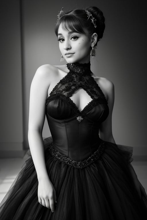 A hyperrealistic photo of Ariana Grande in a fashion photo shoot, wearing a black haute couture dress, with a daring neckline and lace details. She is in an elegant and confident pose, with an enigmatic smile. Dramatic lighting enhancing the shadows and contours of her body. The image should have an atmosphere of glamour and sophistication.