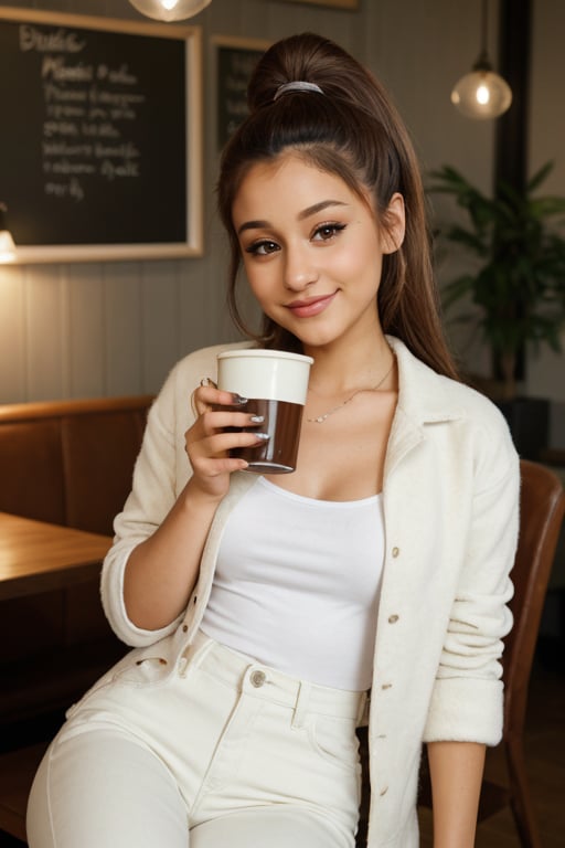 hyperrealistic photo of Ariana Grande on a casual occasion, wearing light-wash jeans, a white cotton t-shirt, and a beige wool jacket. She is sitting in a charming cafe, with a cup of coffee in her hand, smiling slightly at the camera. The lighting is soft and warm, creating a cozy atmosphere. The focus is on her natural beauty and her casual and elegant style.