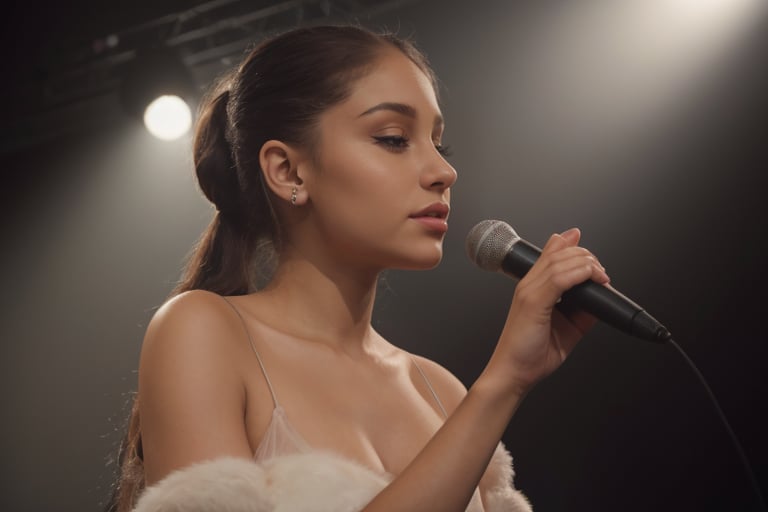 A hyperrealistic photo of Ariana Grande on an intimate stage, with soft and warm lighting. She is wearing a simple and elegant dress, with a microphone in her hand, singing with an intense and emotional expression. The focus is on her voice and her connection with the audience. The image should have a cinematic style, capturing the intimate and emotional atmosphere of a live performance.