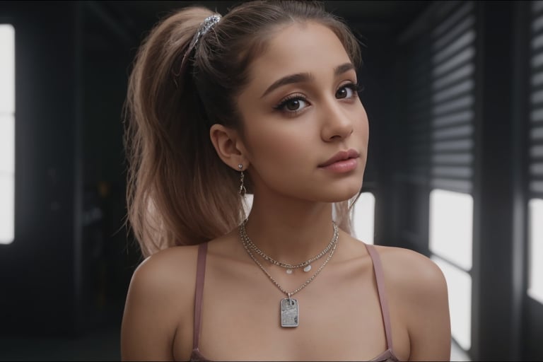 A hyperrealistic photo of Ariana Grande in a scene from the "Break Free" music video, with her hair in a high ponytail and a daring look. She has a strong and confident expression, wearing a leather outfit with a metal necklace. The lighting is intense and dramatic, with focus on her beauty and the energy of the video. The image should have a cinematic style, with as much realism as possible, capturing the essence of the original scene from the music video. 